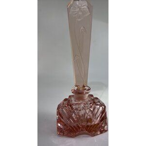 1920s PINK Hand Cut Bohemian Art Deco Beveled Crystal Perfume Bottle Stamped 6"